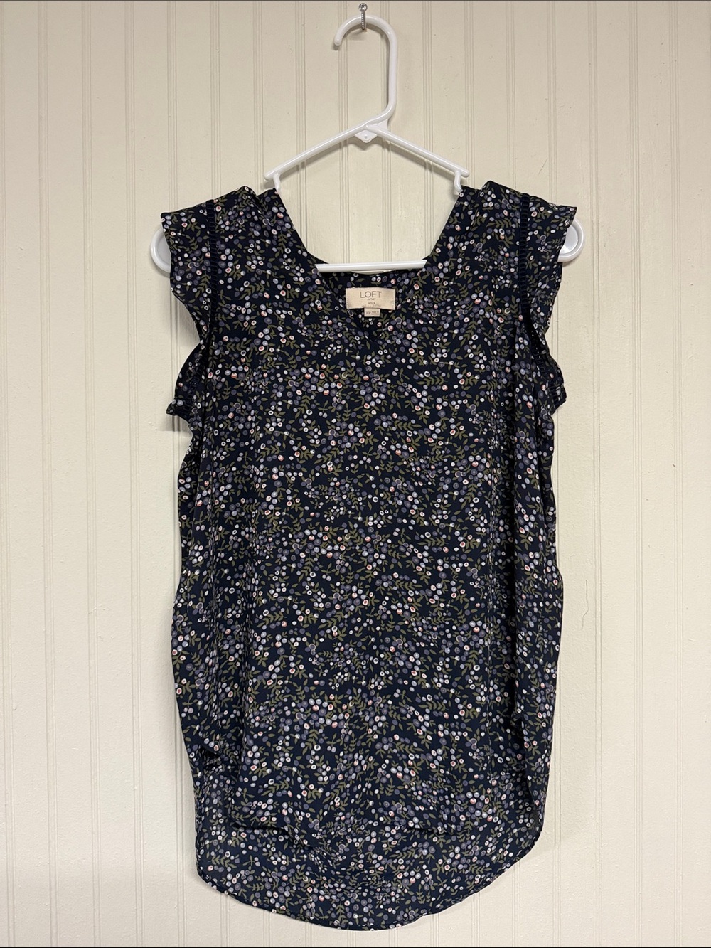 LOFT XSP Navy V-Neck Floral Ruffle Sleeve Blouse